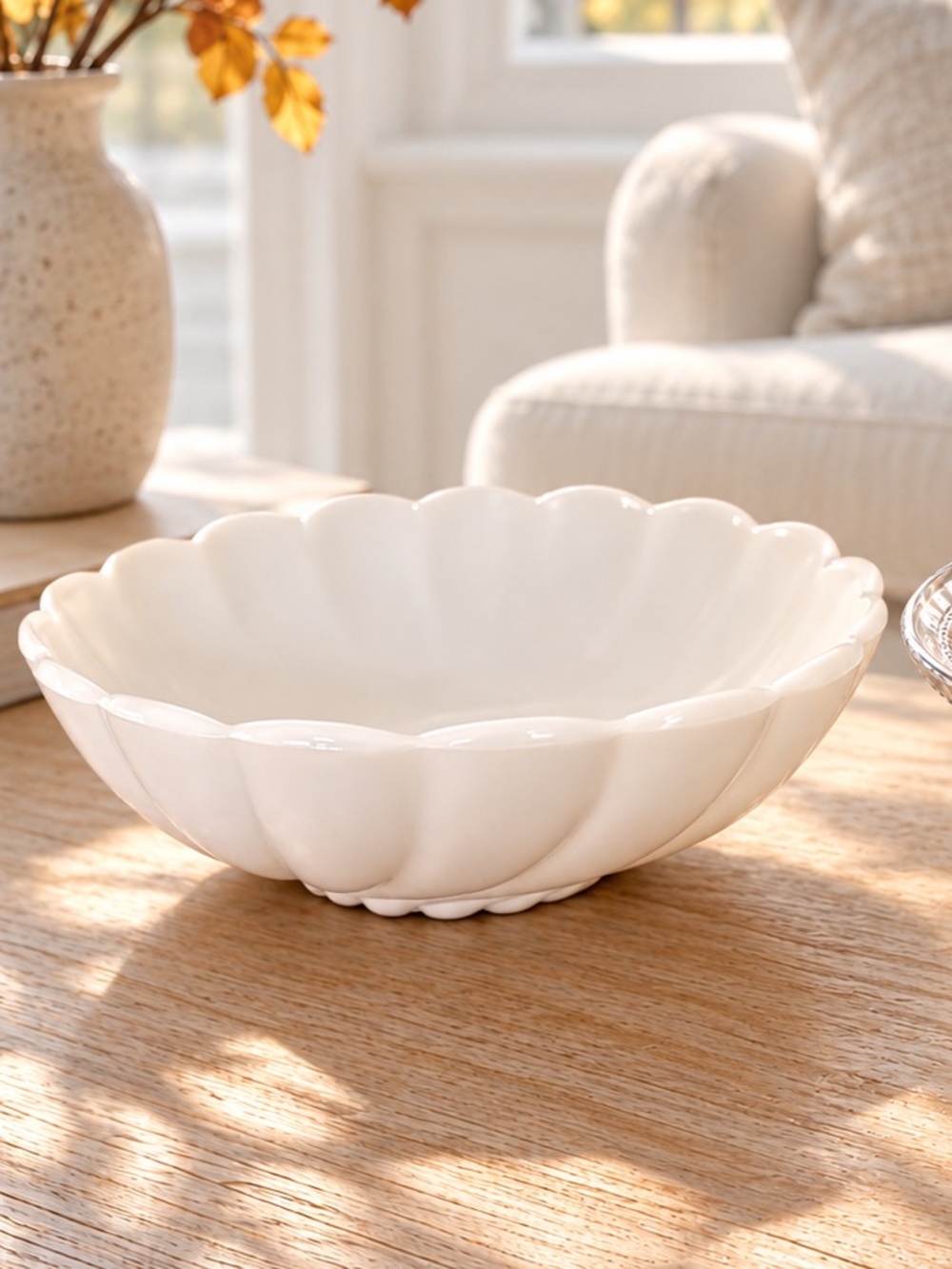 Milk Glass Scalloped Ceramic Bowl 9” diameter l